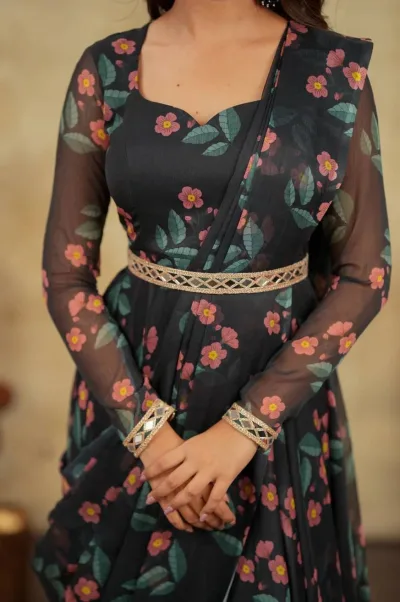 Navy Blue Designer Indo Western Saree Gown